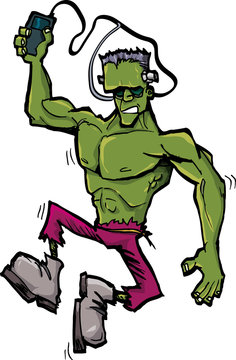 Cartoon Frankenstein monster with MP3 player