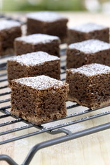 chocolate brownies with powdered sugar on top