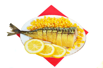 Hot smoked mackerel with lemon and corn