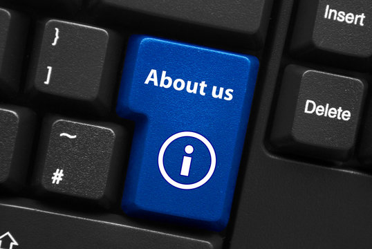 Blue "ABOUT US" Key (information find out more info sign button)