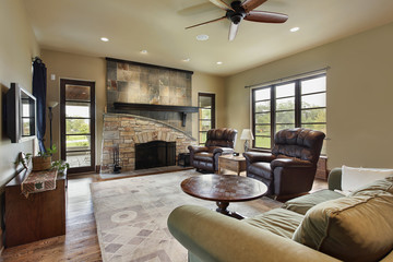 Family room with stone fireplace