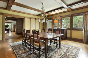 Dining room with wood beam ceilings
