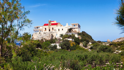 Hrissoskalitissa Monastery high-placed on isolated rock. Near El