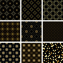 set of vector black geometric  seamless  textures with golden el