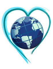 earth globe over a brush heart illustration design