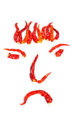 Dried red hot chillies in a Face shape, isolated on white backgr