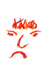 Dried red hot chillies in a Face shape, isolated on white backgr