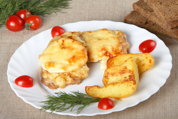 European cuisine. Meat in French with fried potatoes