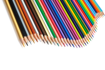 Many colorful school pencils isolated on white background