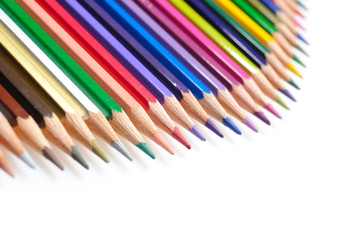 Many colorful school pencils isolated on white background