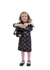 Pretty little child girl in black elegant party dress with lipst