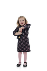 Pretty little child girl in black elegant party dress with lipst