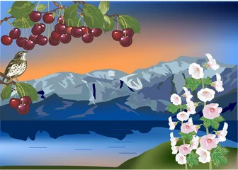 Crédence de cuisine en verre imprimé Oiseaux, abeilles oiseau sur branche de cerisier et paysage de montagne