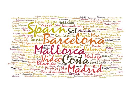 Spain cities and towns word tags isolated on white