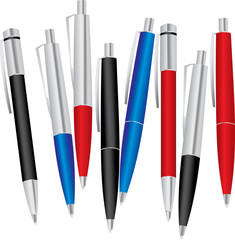 set of colored pens: blue, black and red