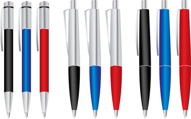 set of colored pens: blue, black and red