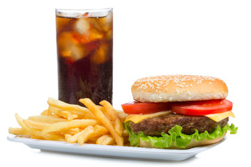 hamburger with fries and cola