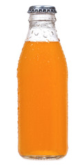 bottle of orange soda with water drops on white background