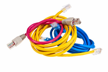 Blue, yellow and pink patch cords over white background.