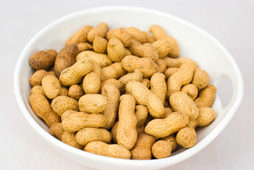 Pile of ripe crude peanuts in white bowl