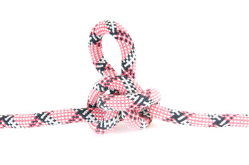 Red-white-black alpinist rope with different types of nodes.