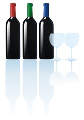 black wine bottles with glasses