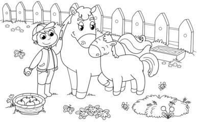 Bambino con cavalla e puledro.