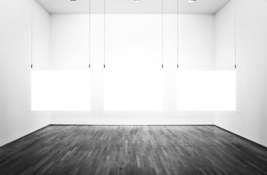 Black and white exhibition room with twhite background