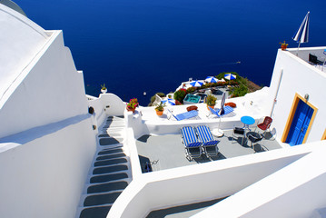 Traditional village of Thira at Santorini island in Greece