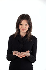 Young beautiful woman hold something in her hand