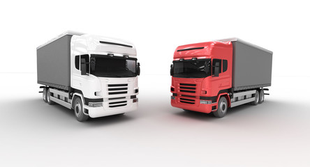 red and white trucks on white background