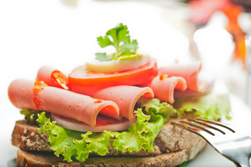Brown bread with chili sausage slices green salad tomato and egg
