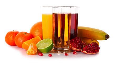 Fruits and glasses with juice isolated on white