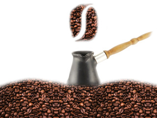 Coffee in a turk with coffee beans background