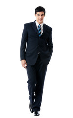 Full body portrait of happy smiling business man, isolated