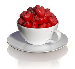 Coffee cup with hearts isolated. Dating symbol. 3d