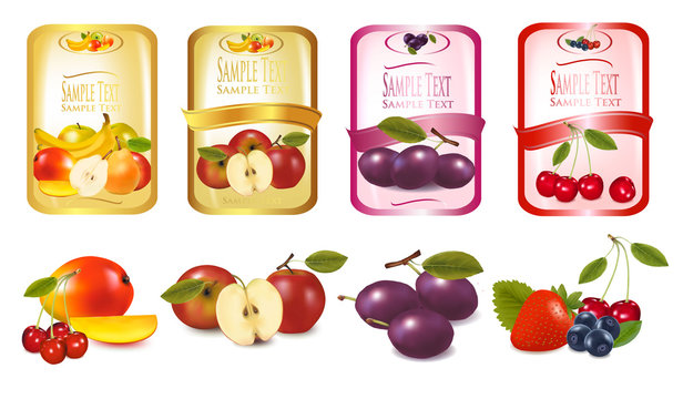 Four labels with berries and fruits. Vector.