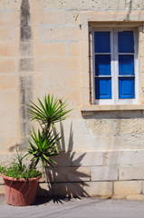 Fototapeta na wymiar Decorative vintage window with colorful plants in pots