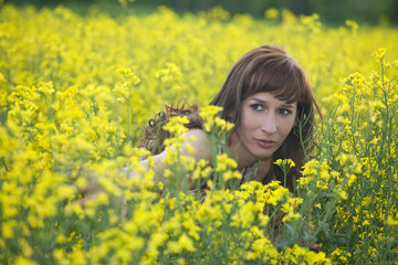 woman hiding in field