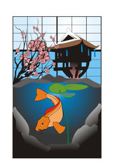 Obraz premium Koi in a pond near a pagoda