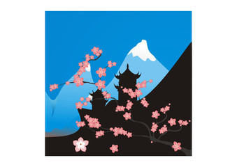Sakura on the background of pagodas and mountains.