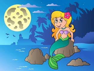 Photo sur Plexiglas Sirène Paysage marin de nuit avec sirène de dessin animé