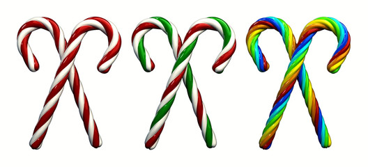 Multicolored candy canes ,3d illustration , isolated on white