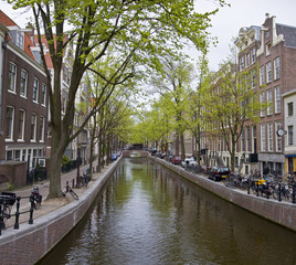 Canal in Amsterdam. Spring cityscape.