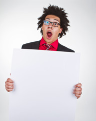 Businessman with afro with blank sign