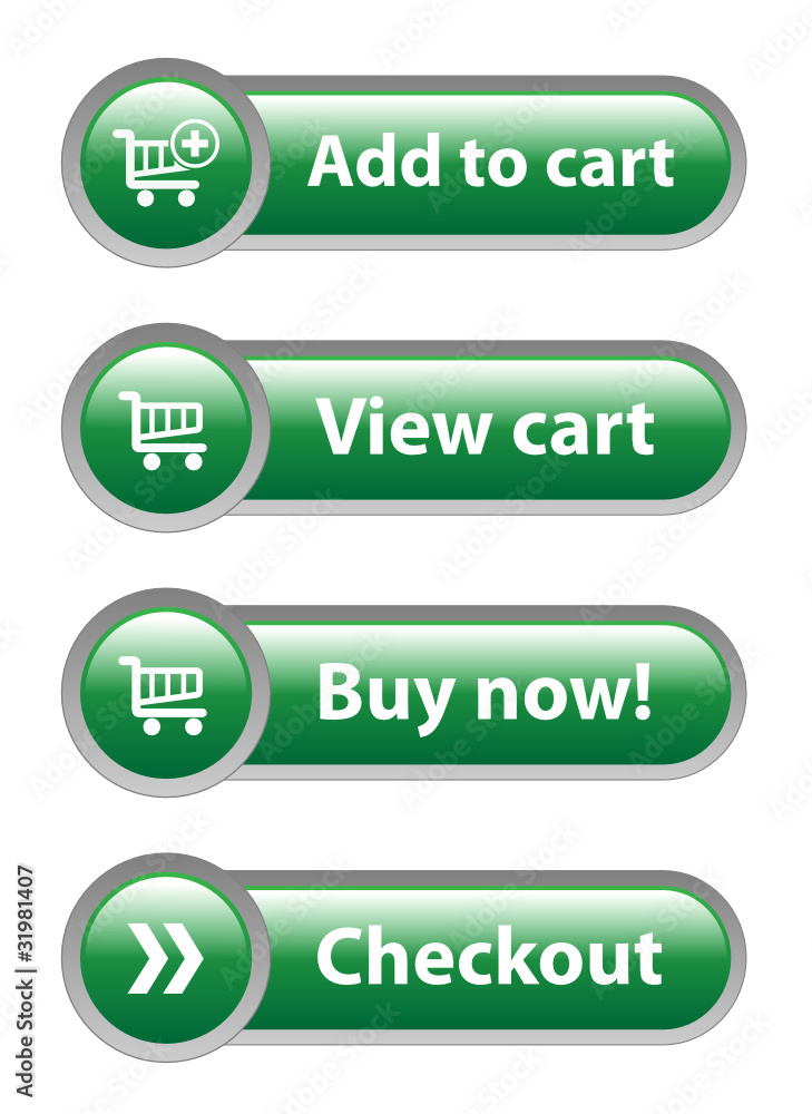 Aufkleber add to cart - view cart - buy now - checkout green web buttons