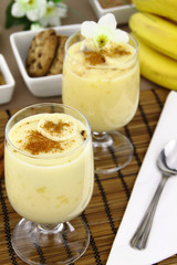 Glass with sweet banana pudding dessert