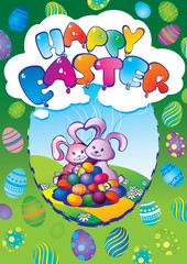 Fototapeta premium Greeting card. Two easter rabbits with eggs.