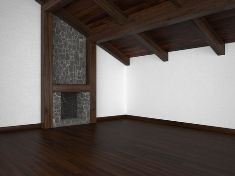 empty living room with fireplace and roof beams