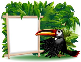 Tucano Cartoon con Pannello-Toucan Jungle Background-Vector